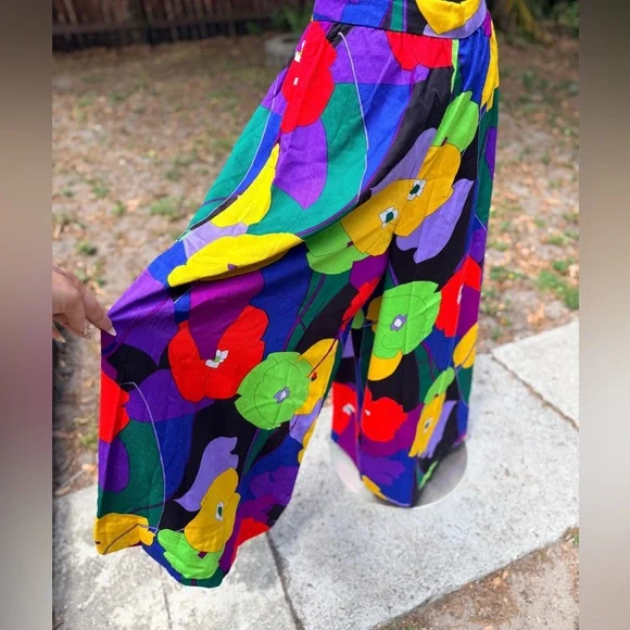 1960s 70s Handmade Day Flo Floral Barkcloth Palazzo Pants - Picture 3 of 13